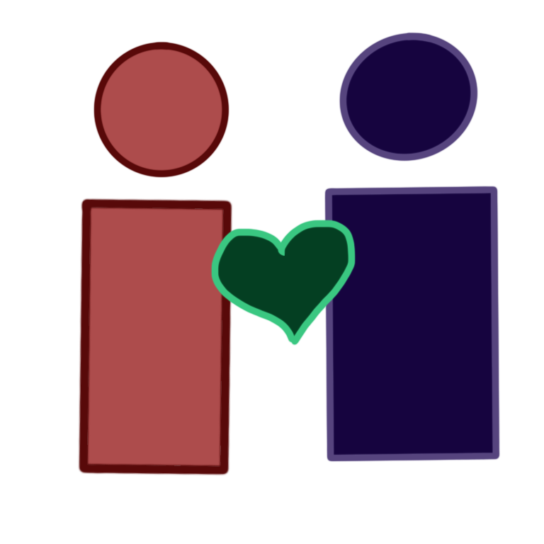 A simplistic drawing of two standing next to each other. The person on the left is red and the one in the right is dark purple. In between them is a dark green heart